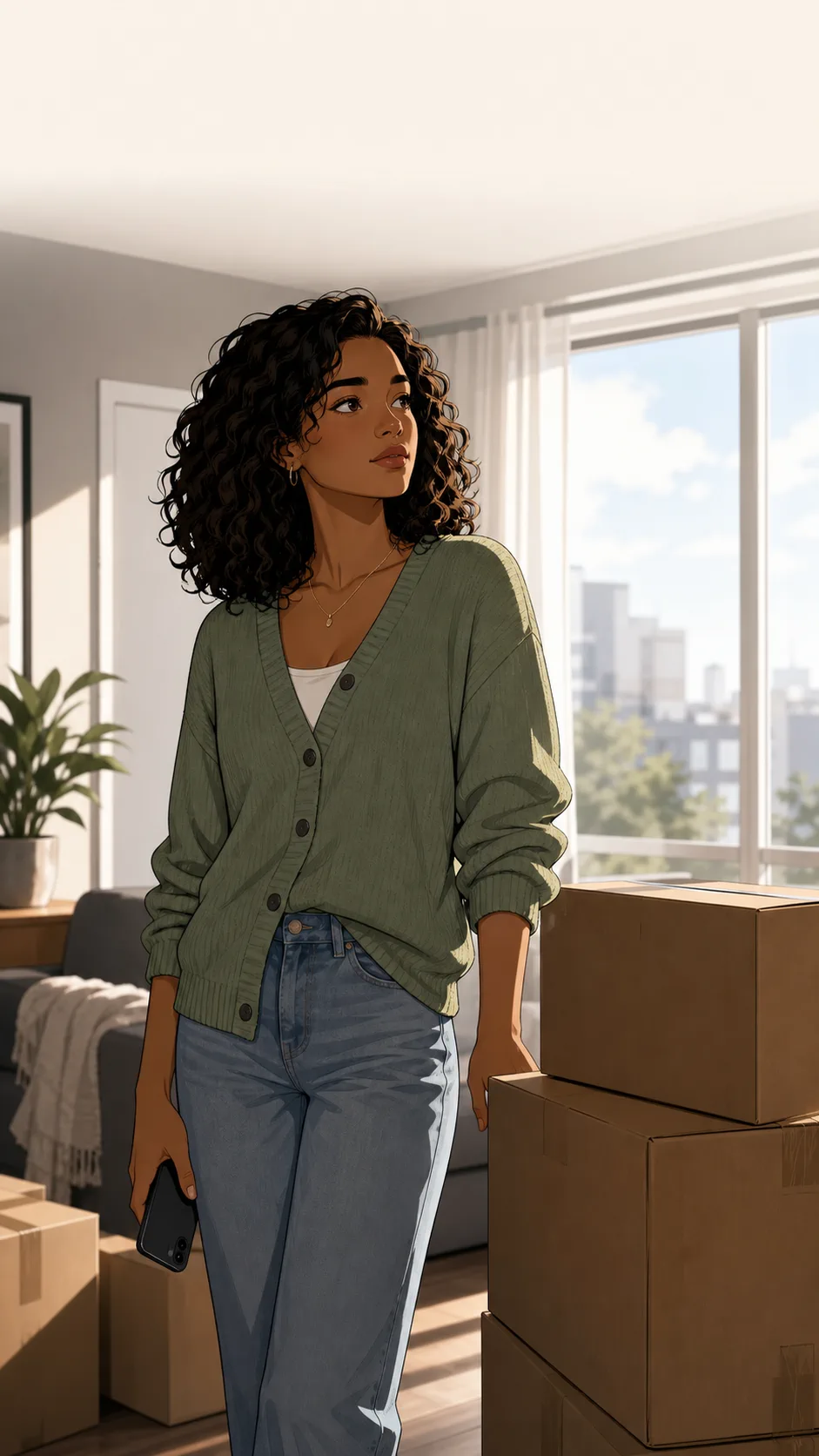 Nia stands beside packed boxes near a bright window, looking steady and conflicted.