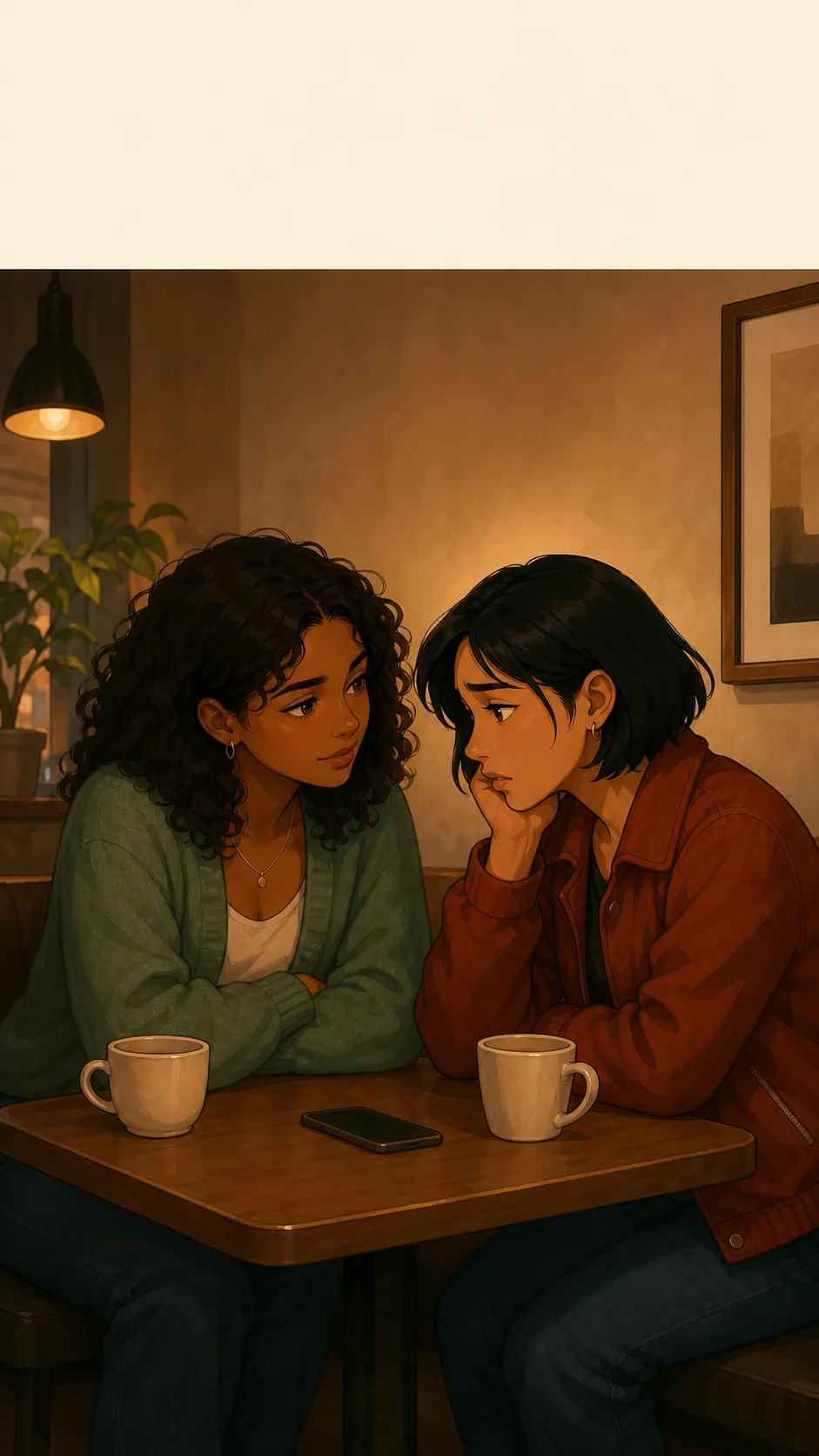 Simone privately talks with Keira in a generic apartment kitchen over mugs.