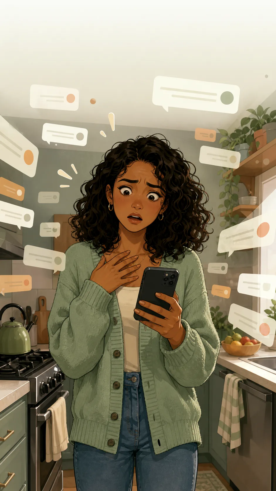 Keira celebrates Simone's news in a generic kitchen while Simone smiles cautiously.