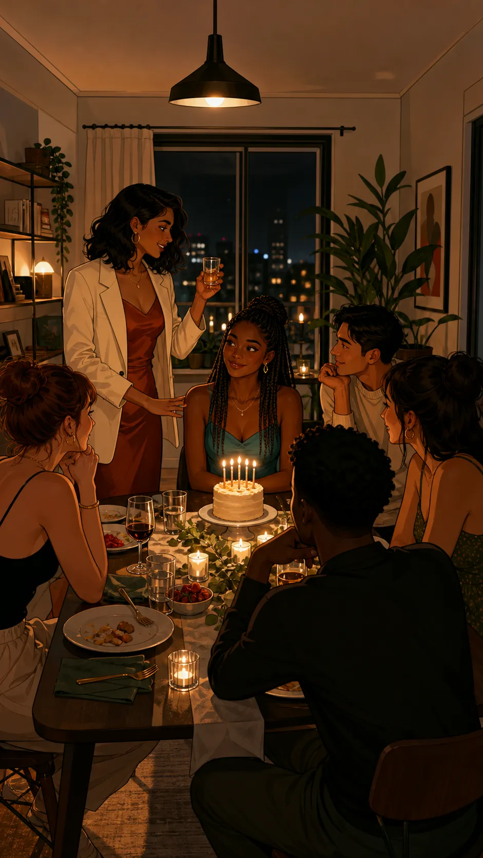 Keira raises a glass at a generic restaurant table while Simone looks startled.