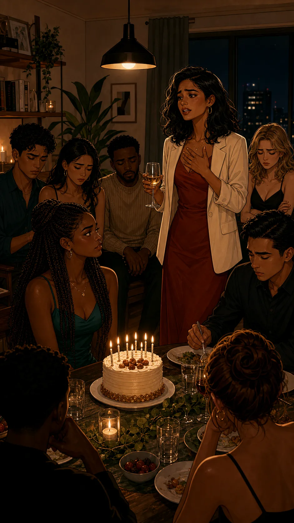 Simone looks uncomfortable as friends react around a generic restaurant dinner table.