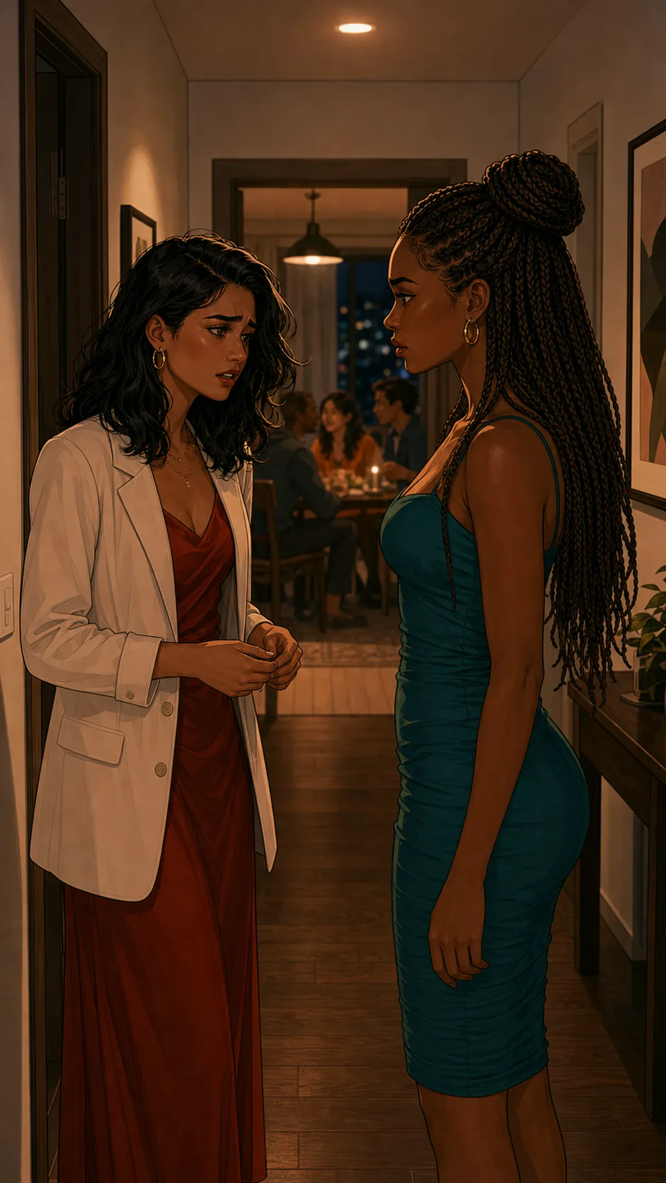 Simone and Keira talk tensely outside a generic restaurant at night.
