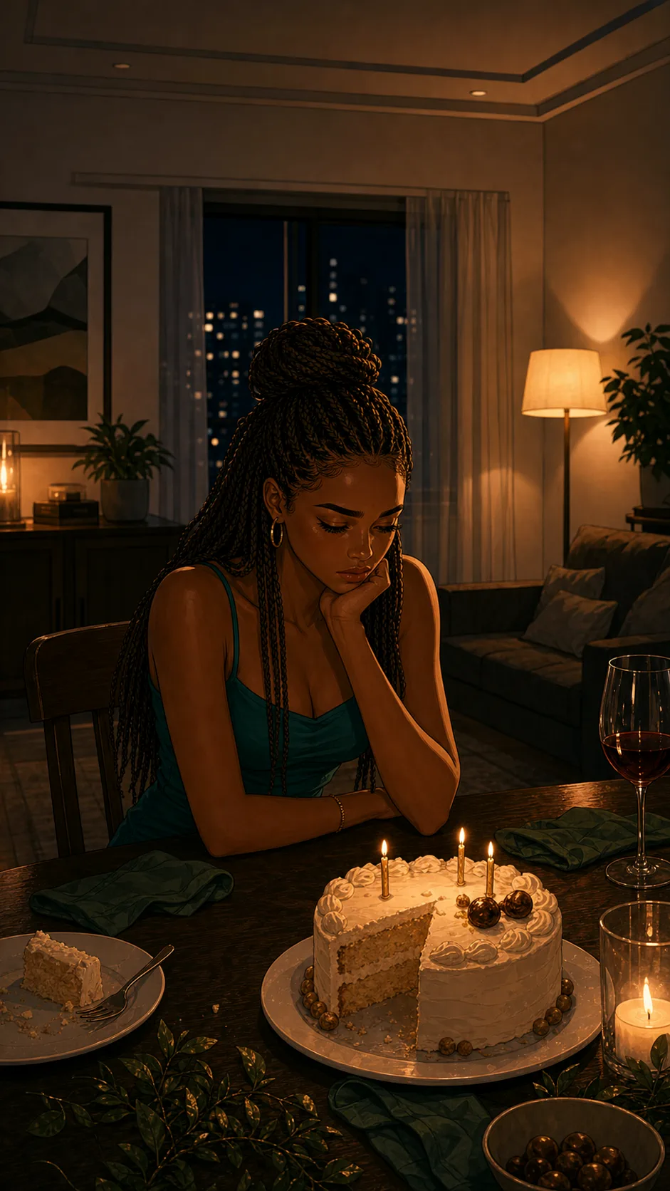 Simone walks alone on a generic city sidewalk at night holding a closed folder.