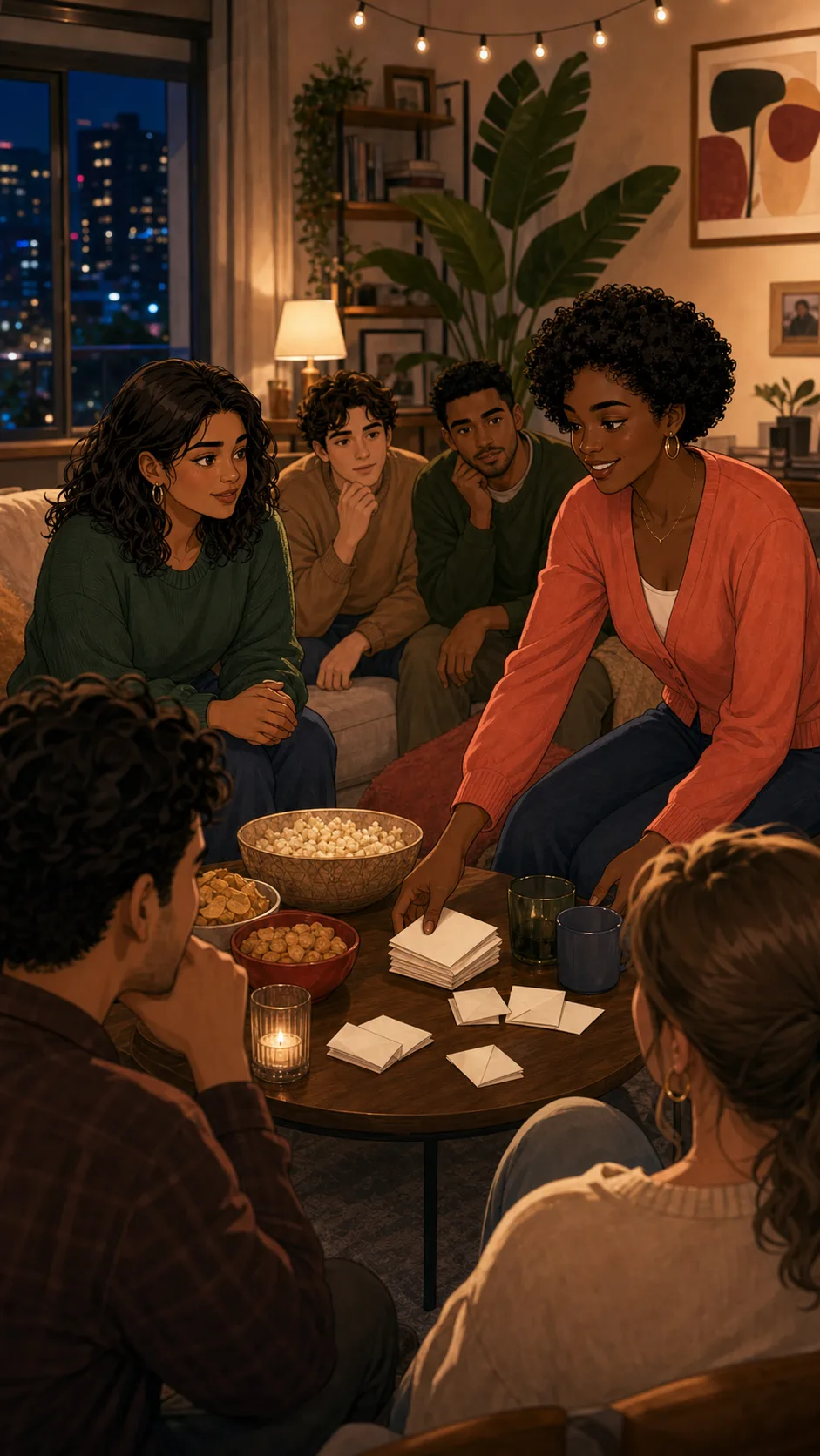 Tessa sets folded anonymous cards on a coffee table while Mara watches at game night.