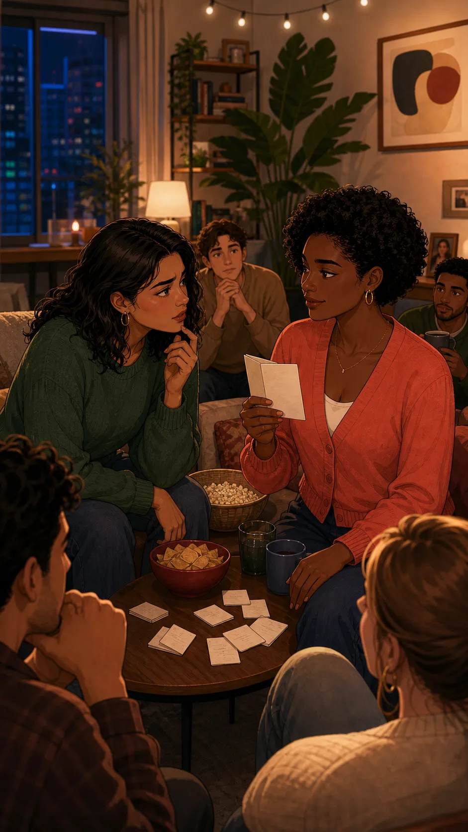 Mara quietly asks Tessa about the anonymous card rule.