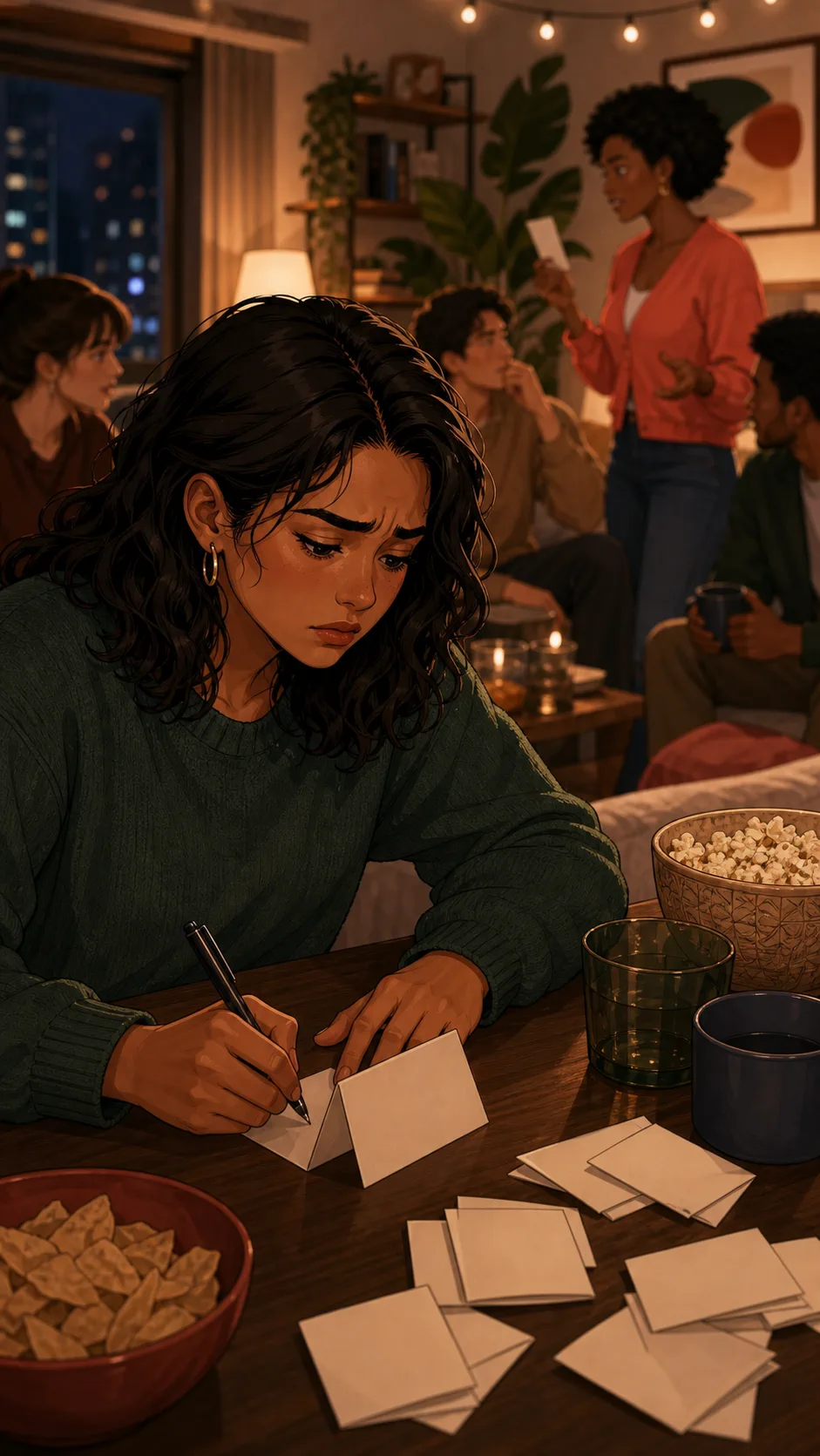 Mara writes a private apology on a blank card at the coffee table.