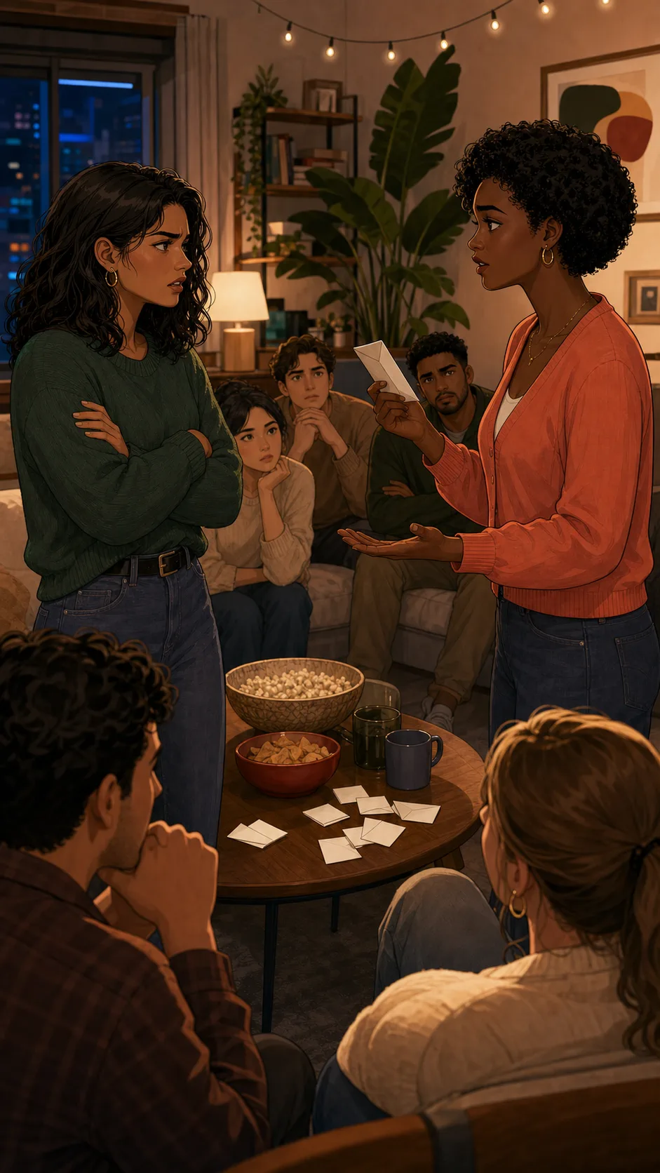Mara confronts Tessa after the room guesses her anonymous card.