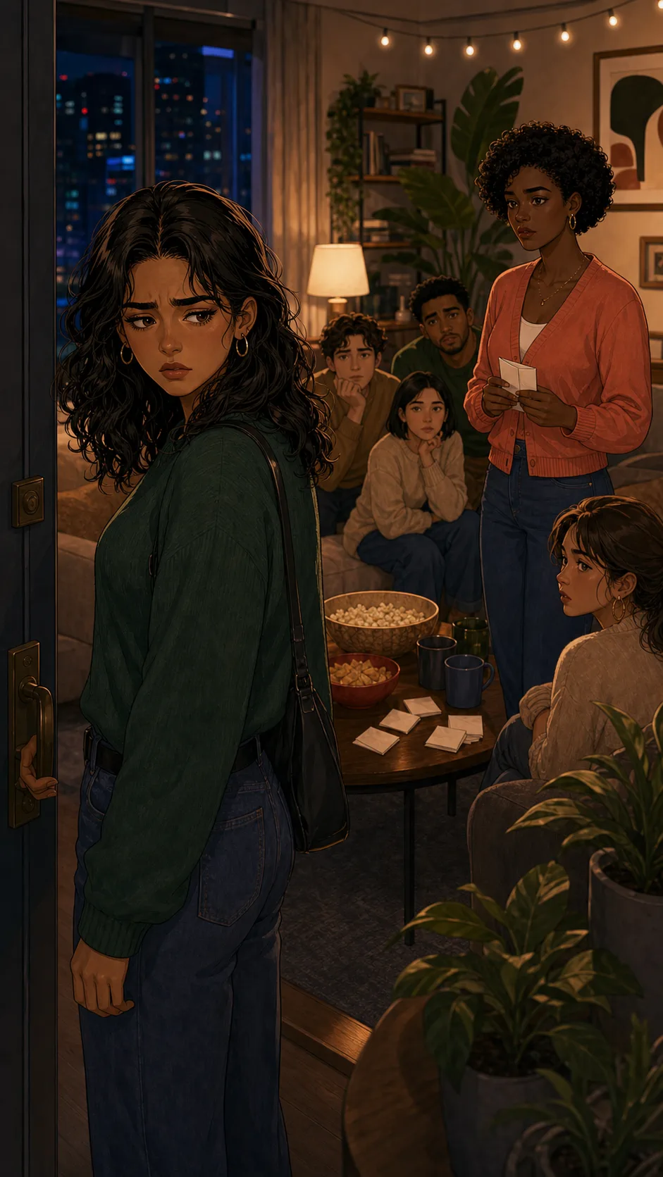 Mara pauses at the apartment doorway after the anonymous card argument.