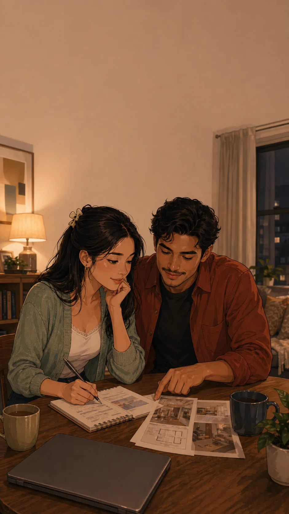 Mina and Leo sit at a small dining table with blank apartment flyers, a closed laptop, mugs, and an unreadable notebook.