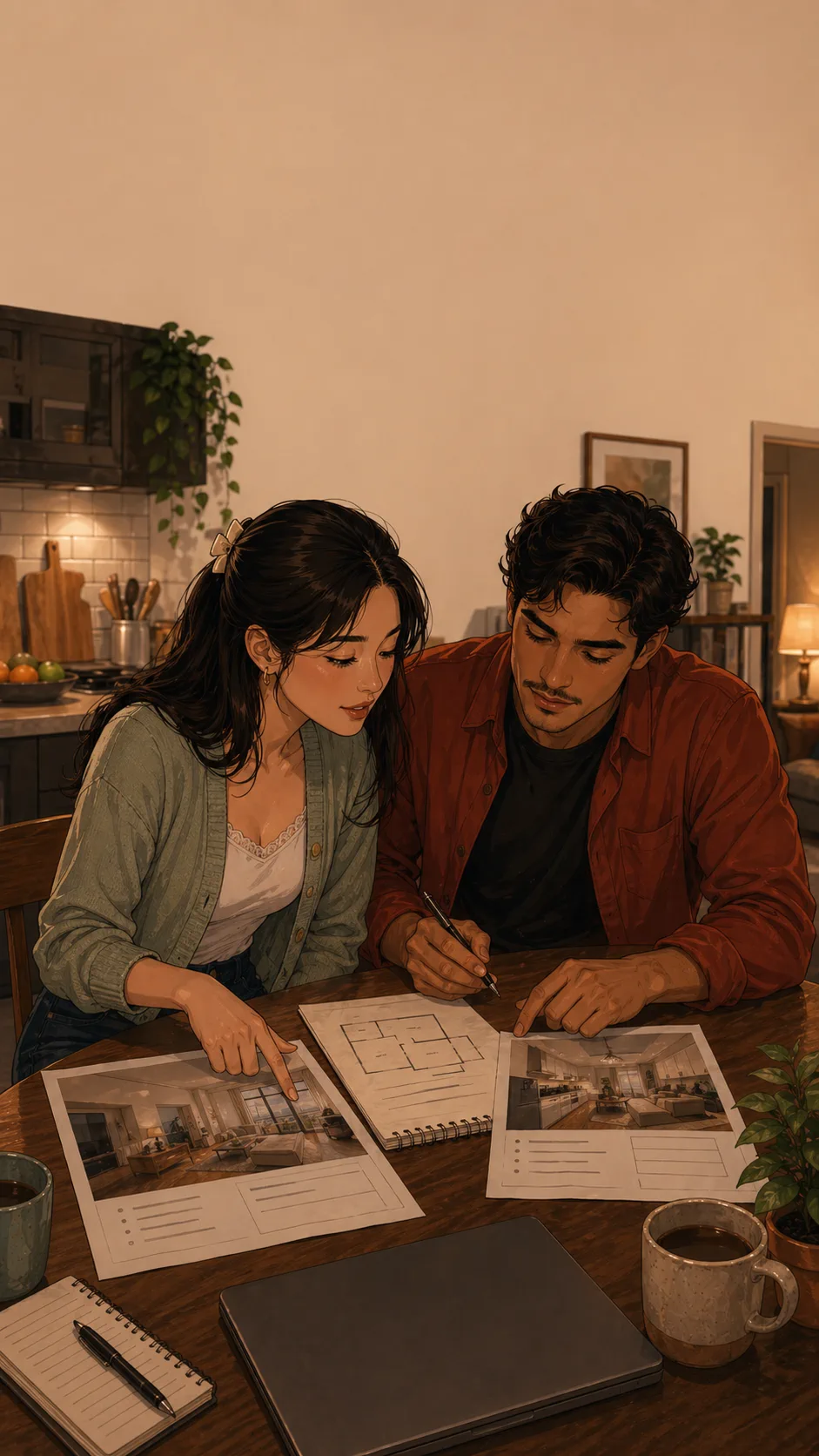 Mina and Leo compare blank apartment flyers and an unreadable floor-plan sketch at a table.