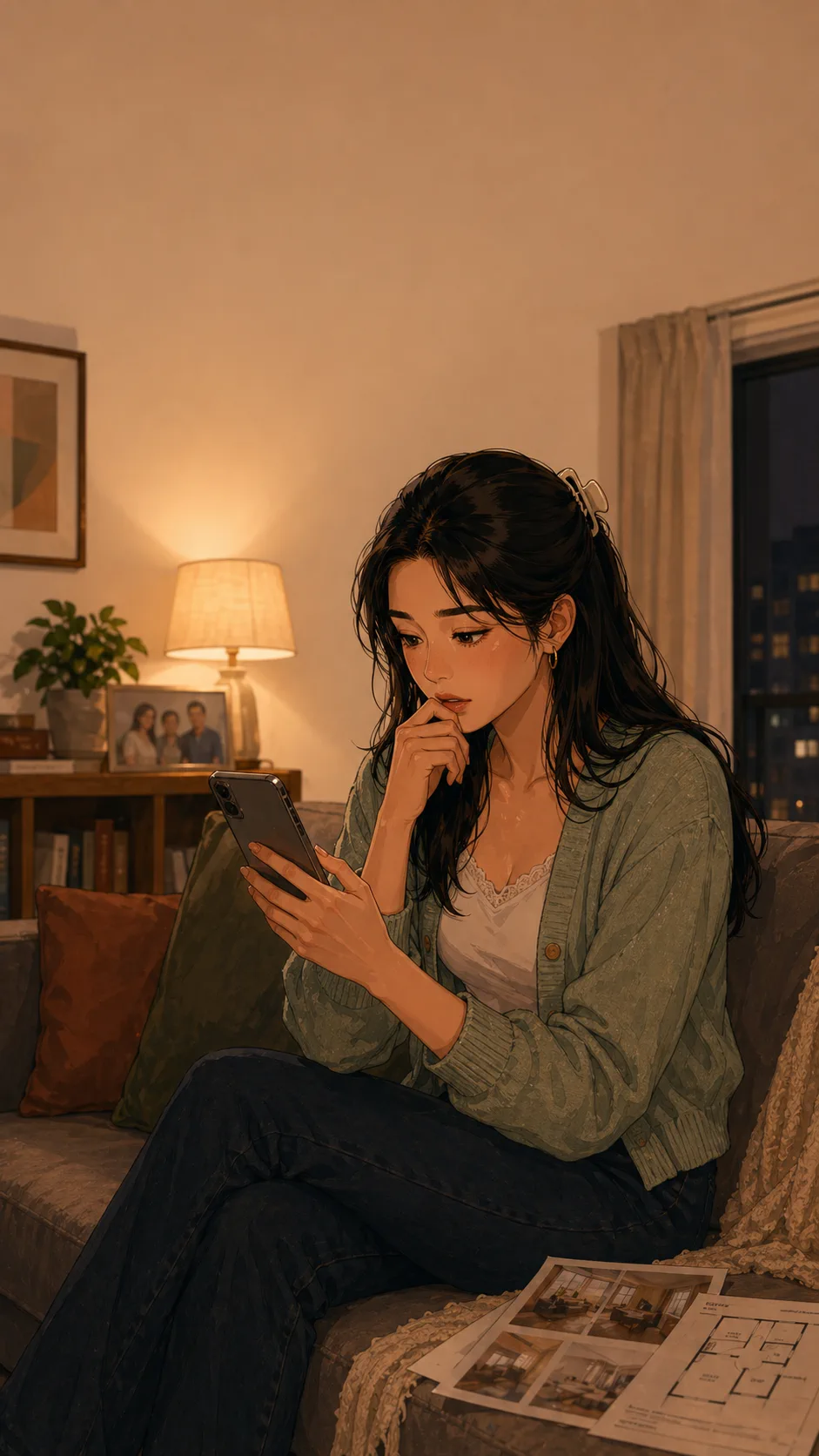 Mina sits on a couch with apartment flyers, holding a phone with the screen facing her and looking thoughtful.