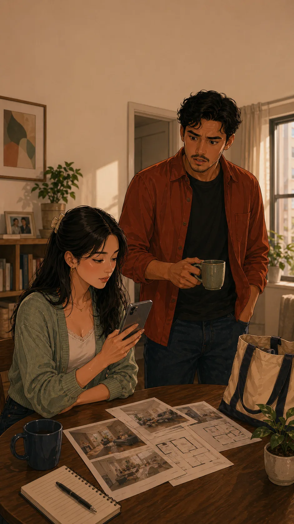 Leo looks surprised near a table of blank apartment papers while Mina holds a phone with the screen facing her.