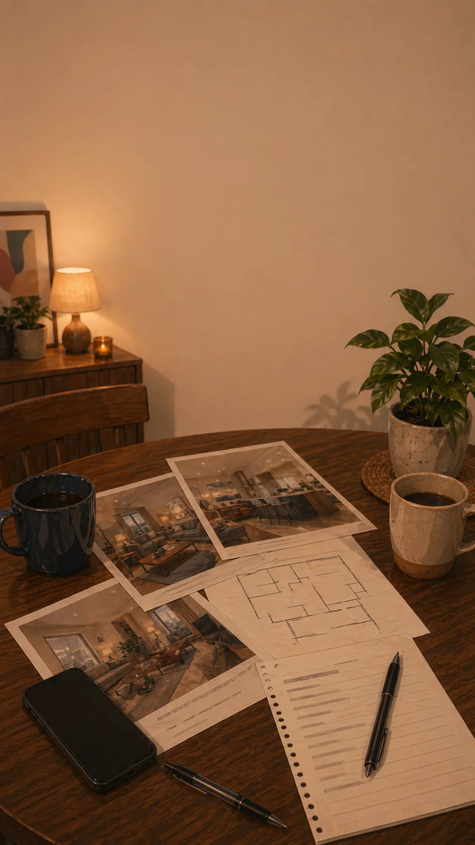 A generic dining table shows two mugs, blank apartment flyers, an unreadable budget note, a face-down phone, pens, and a small plant.
