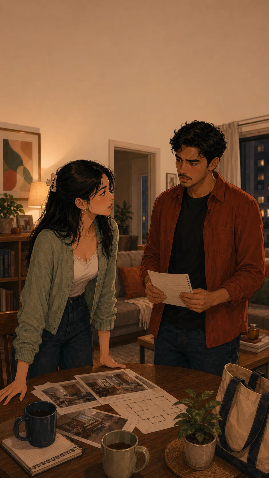 Mina and Leo stand across a table of blank apartment papers, arguing with restrained emotion.