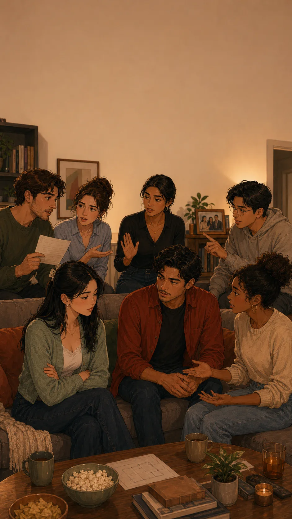 Mina, Leo, and friends sit in a generic apartment gathering with the group visibly split into different opinions.