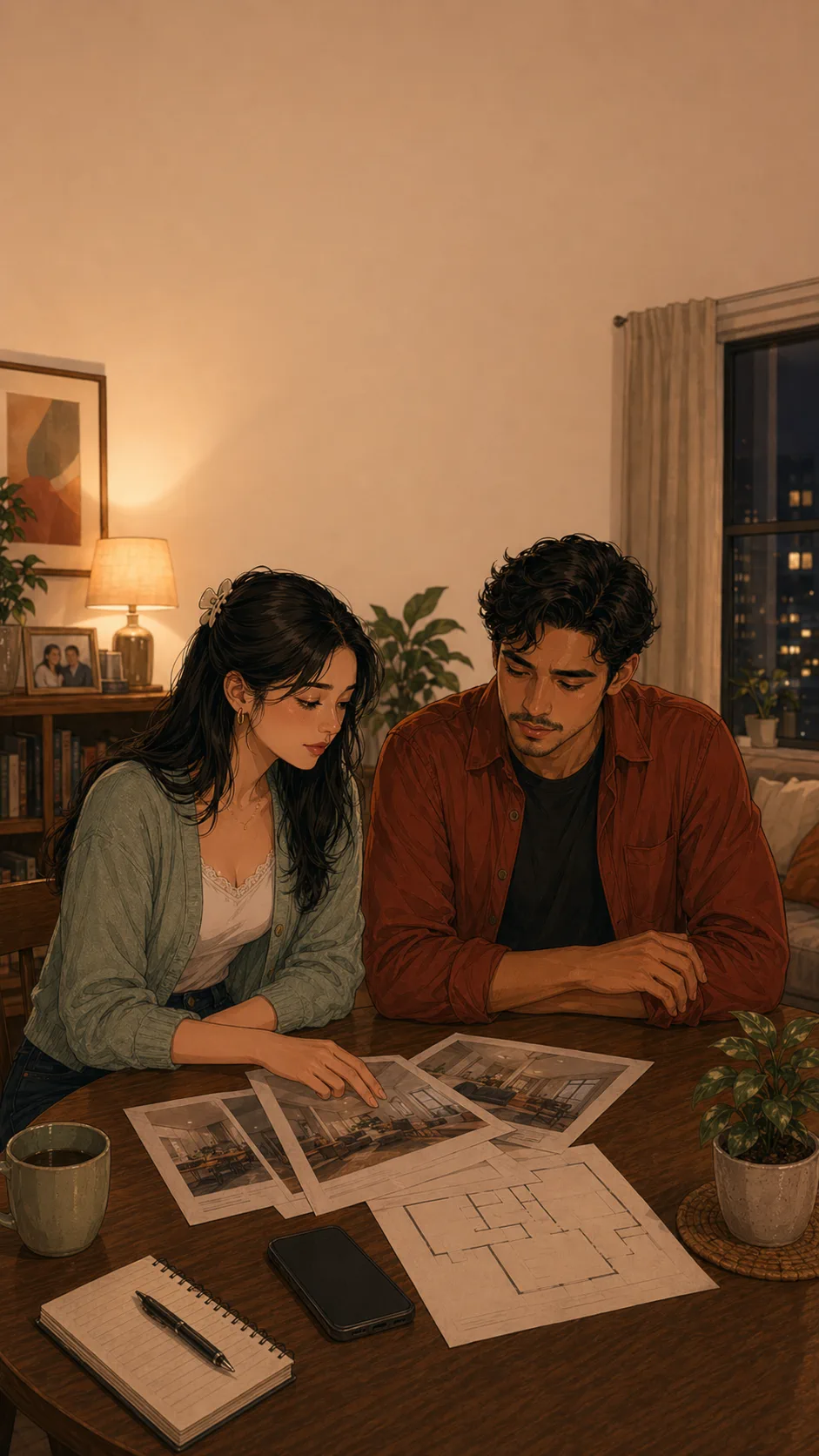 Mina and Leo sit quietly at a table with blank apartment flyers and a face-down phone between them.