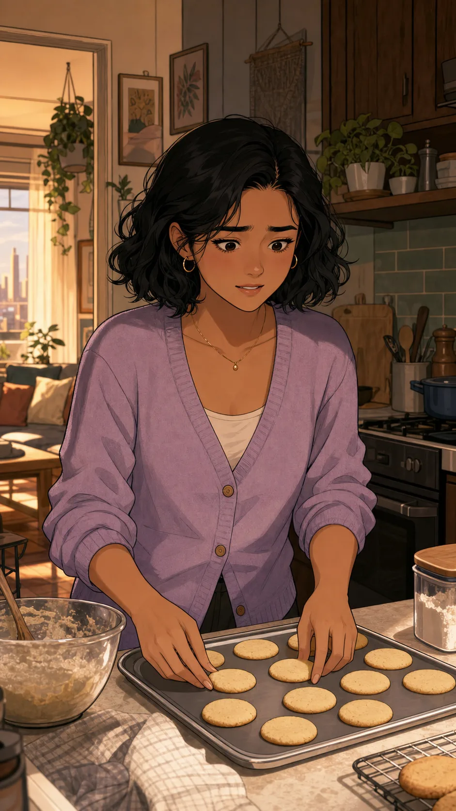 Maya carefully arranges cookies on a tray in her kitchen.