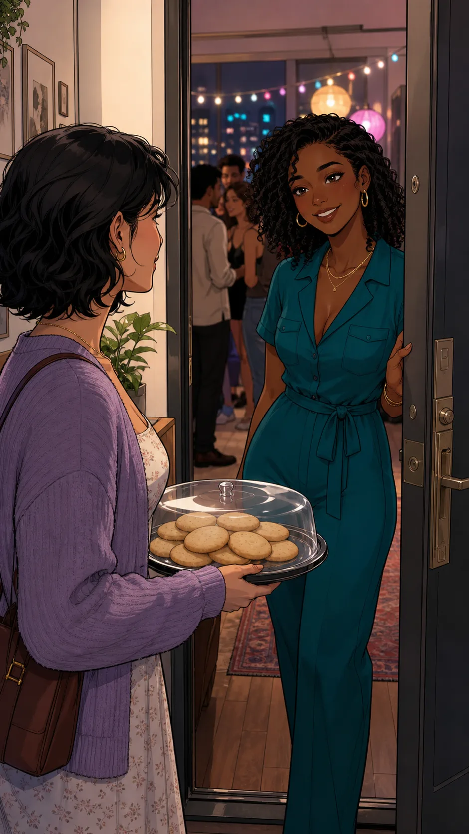 Maya arrives at Nina's apartment holding a tray of cookies.