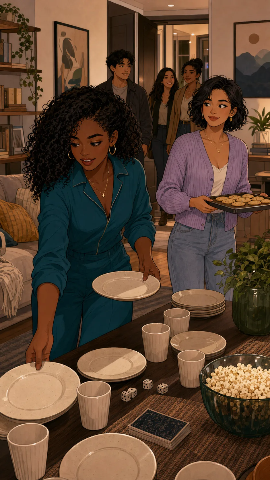 Nina rushes through a busy apartment while Maya waits with cookies.