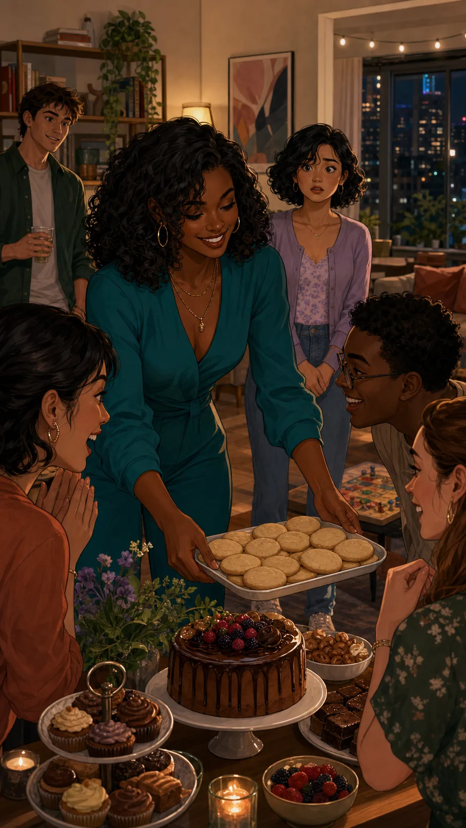 Nina puts Maya's cookie tray on the dessert table as guests gather.