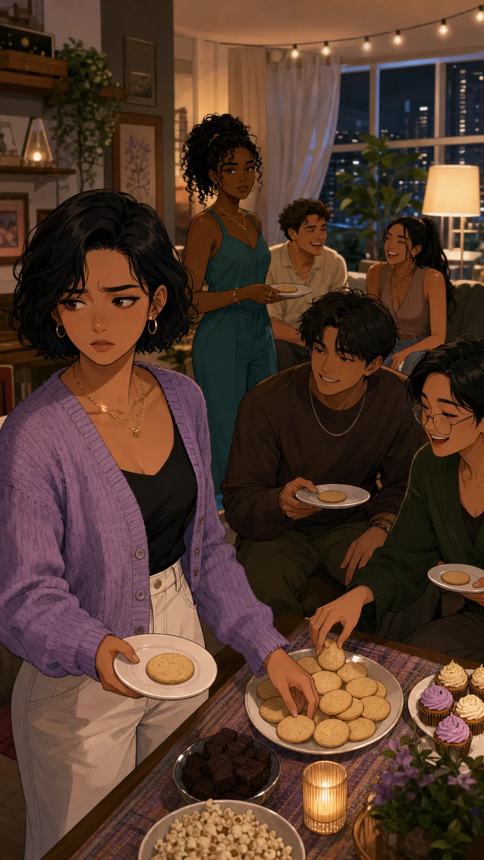 Guests eat Maya's cookies while Maya looks uncomfortable.