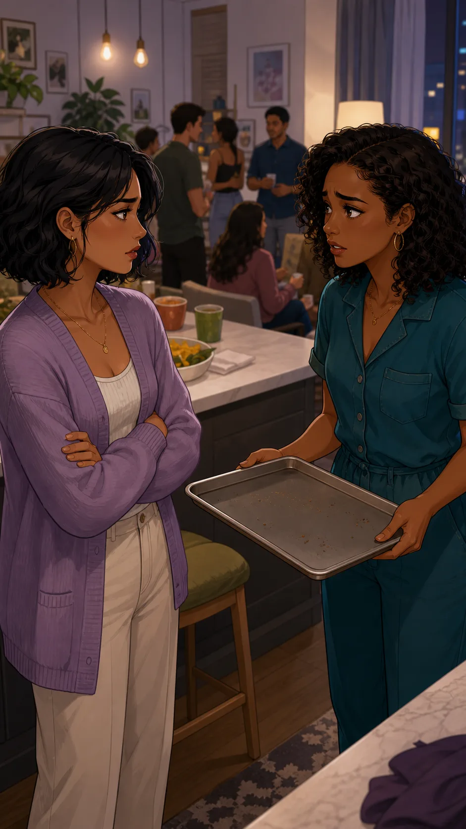 Maya and Nina discuss the cookies in the kitchen.