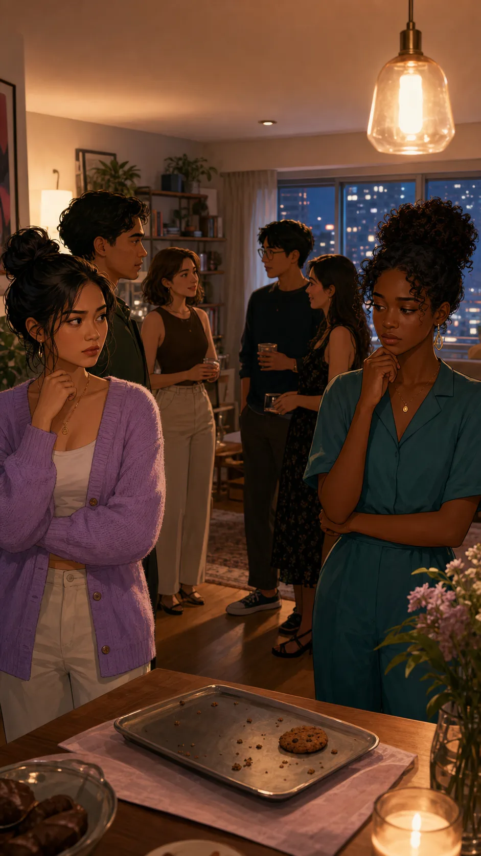 Friends split into groups around the dessert table after the cookie disagreement.