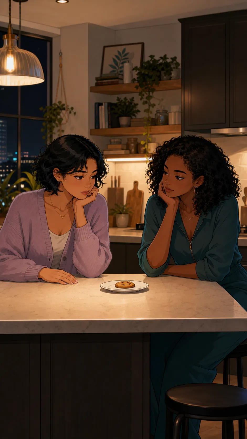 Maya and Nina sit quietly with one cookie left between them.