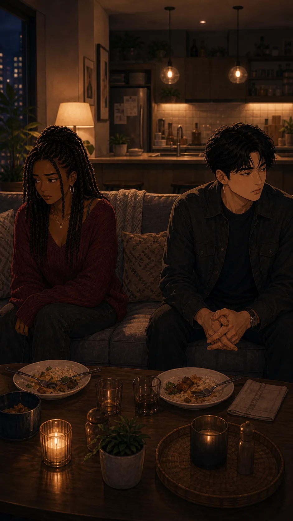 Nora and Theo sit apart on a sofa after a tense dinner.