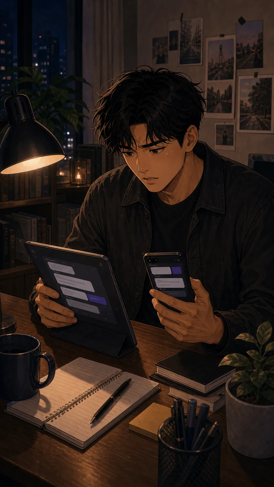 Theo drafts an apology on a tablet late at night.