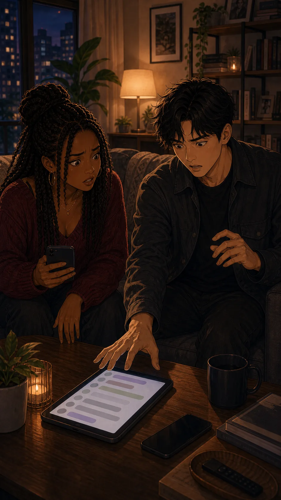 Nora notices a tablet with abstract notes on Theo's apology draft.