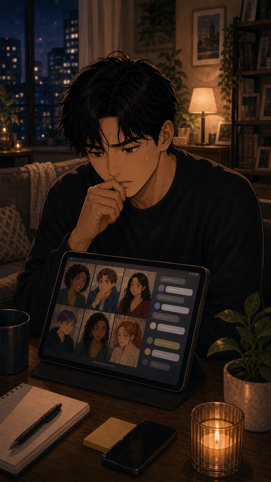 Theo reviews an apology draft with friends on a tablet call.