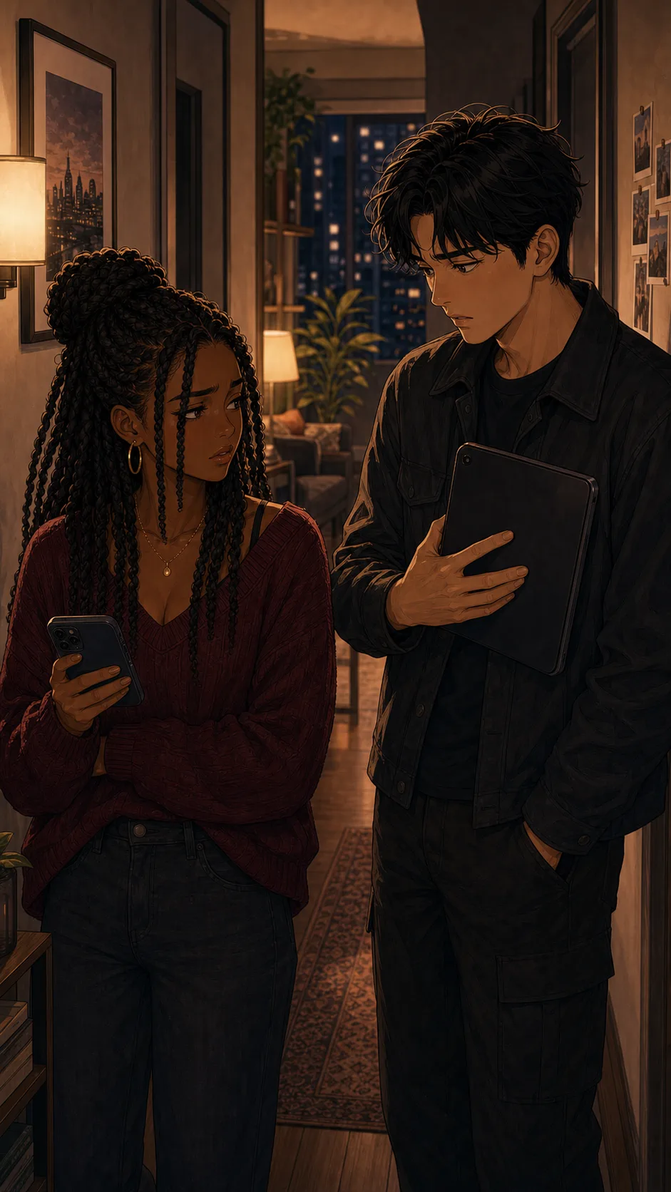 Nora and Theo discuss the apology draft in an apartment hallway.