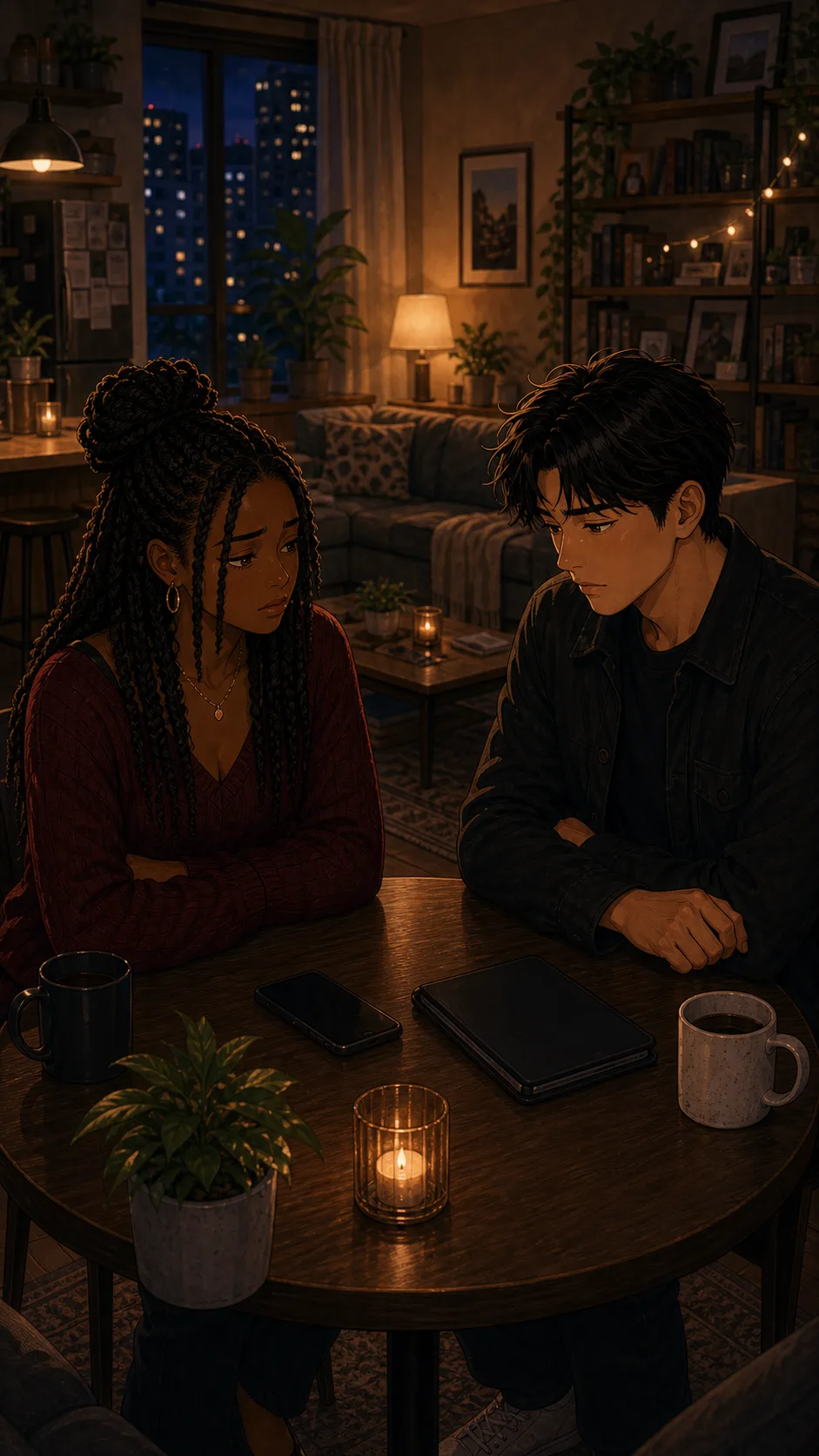 Nora and Theo sit with their devices face down between them.