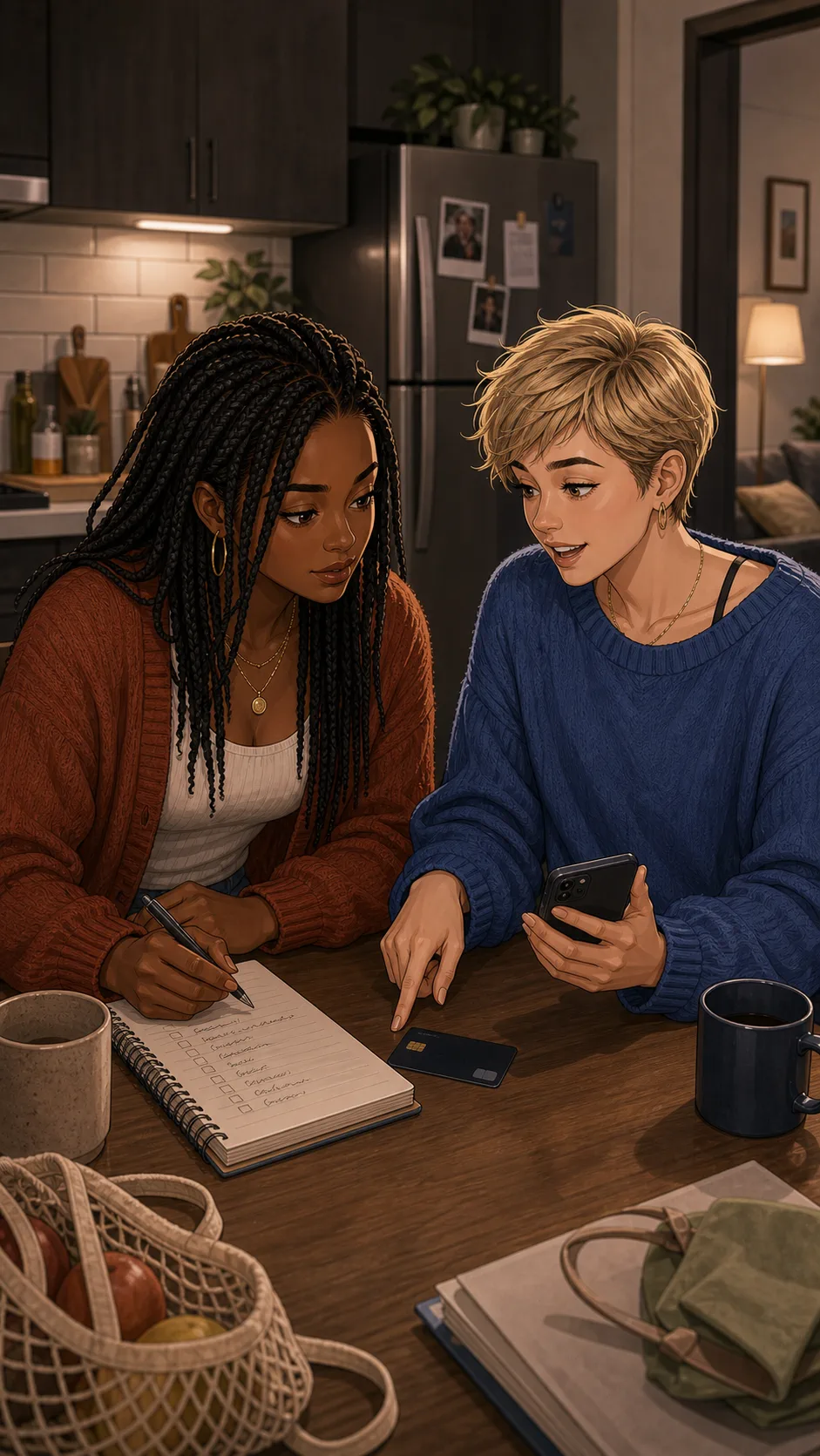 Maya and Tori place a shared card on the apartment kitchen table.