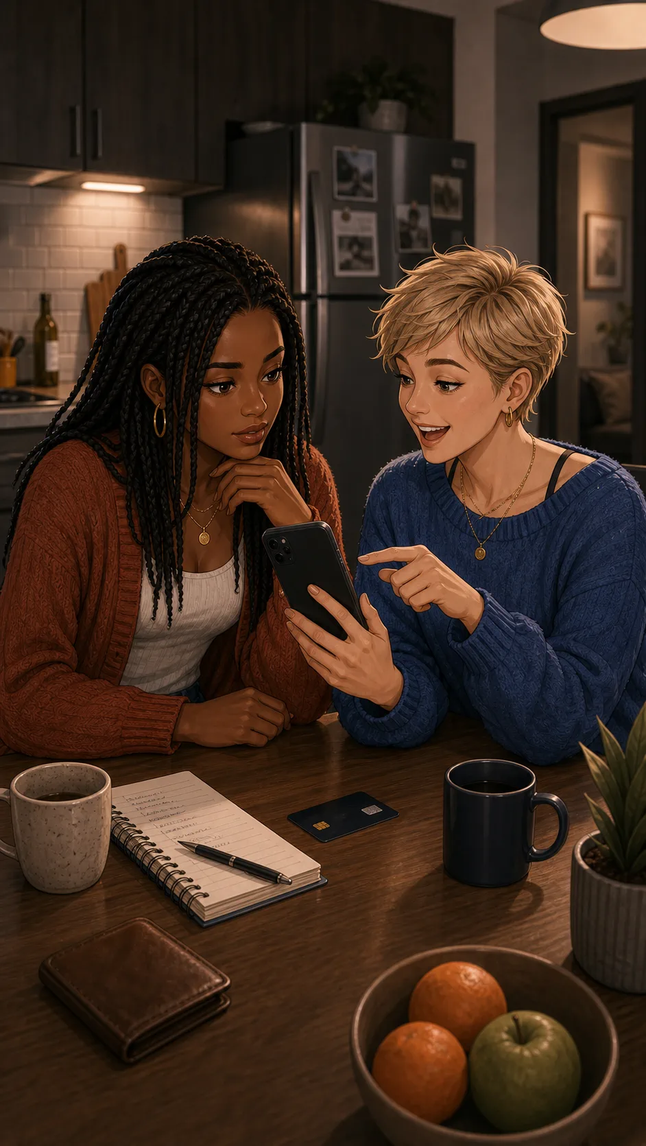 Tori shows Maya an unreadable household app board on a phone.