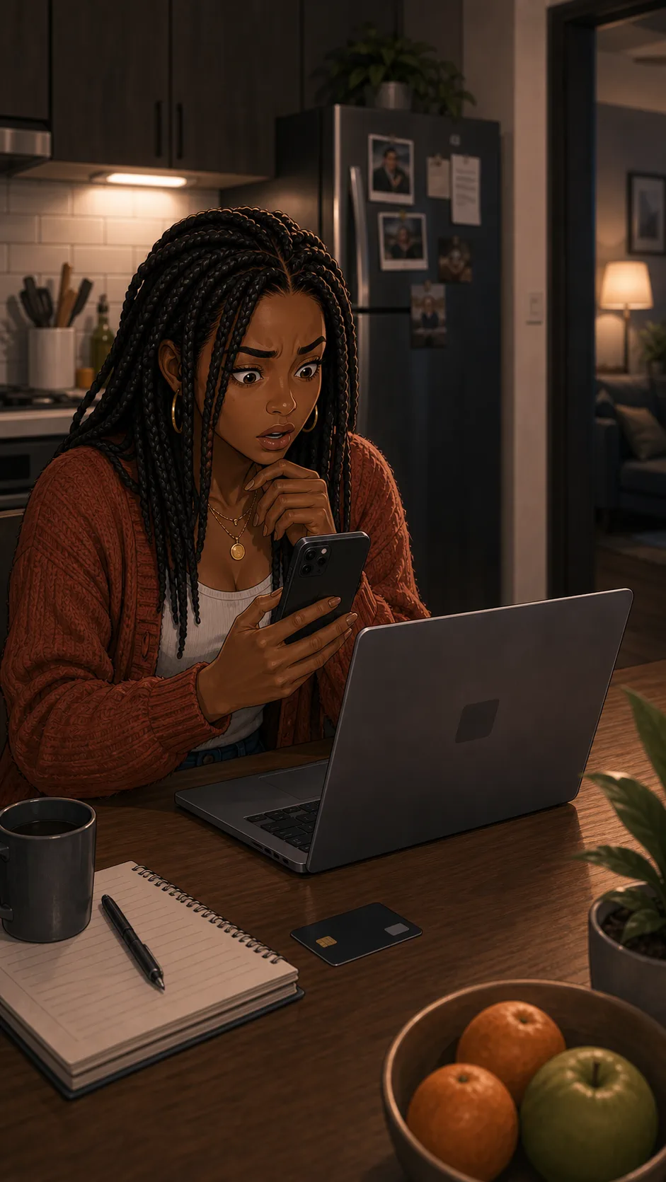 Maya notices an app charge while reviewing the shared card statement.