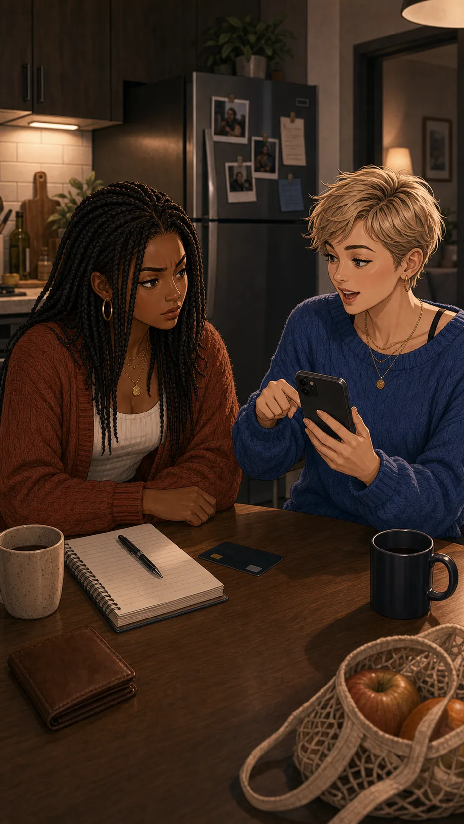 Tori explains the household app board to Maya.