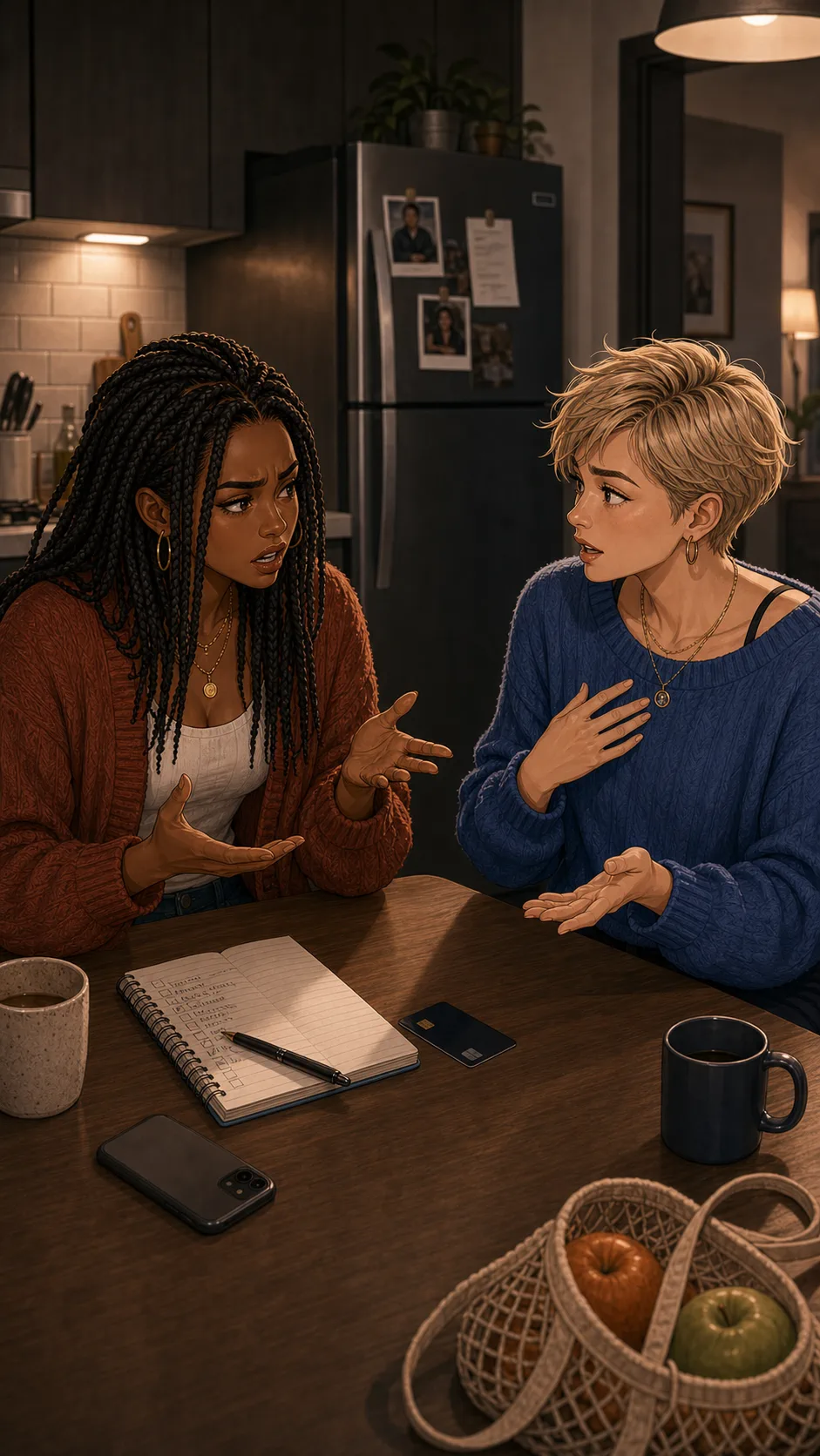 Maya and Tori debate beside the shared card and grocery list.