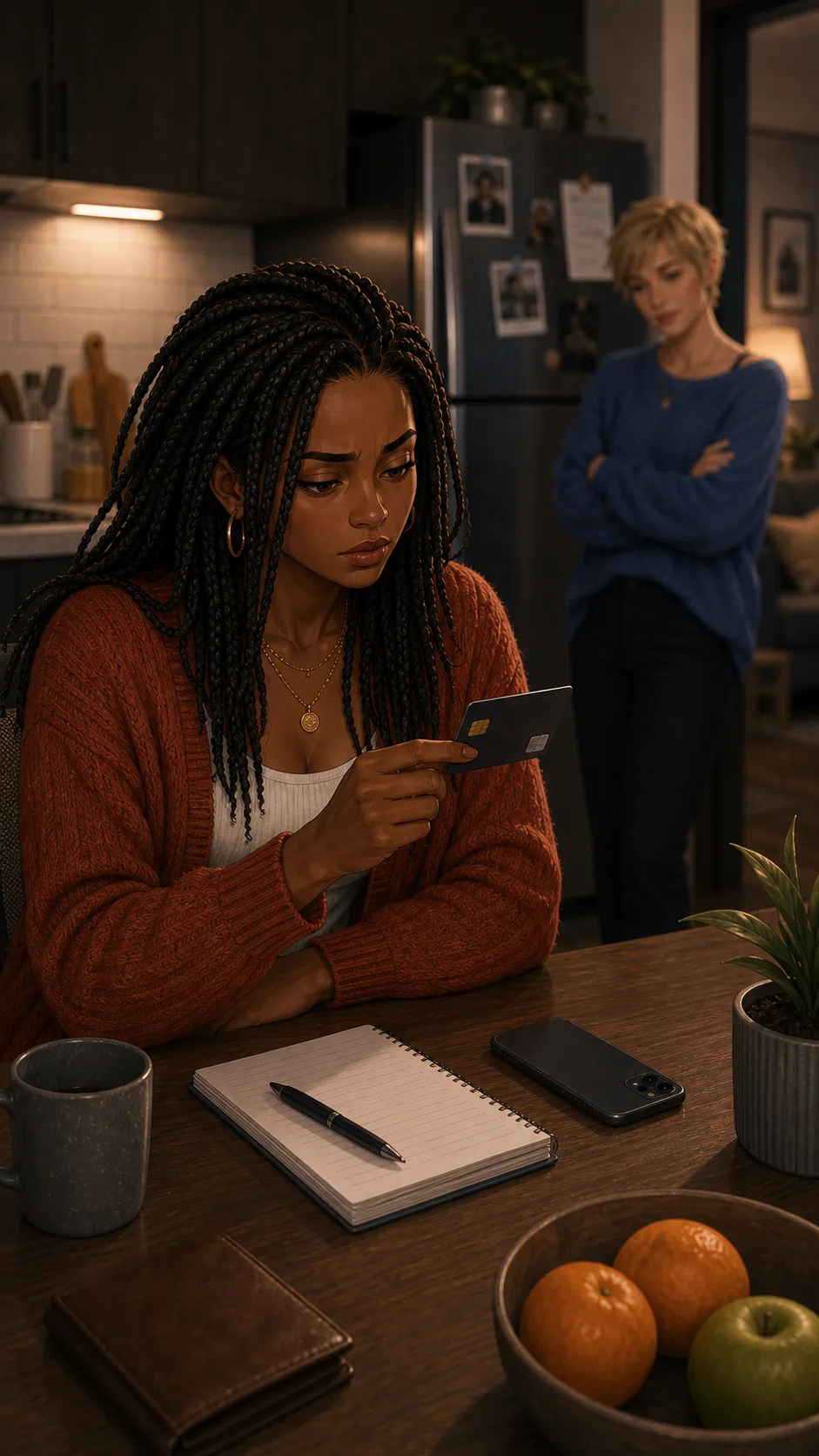 Maya holds the shared card and thinks about the new apartment rule.