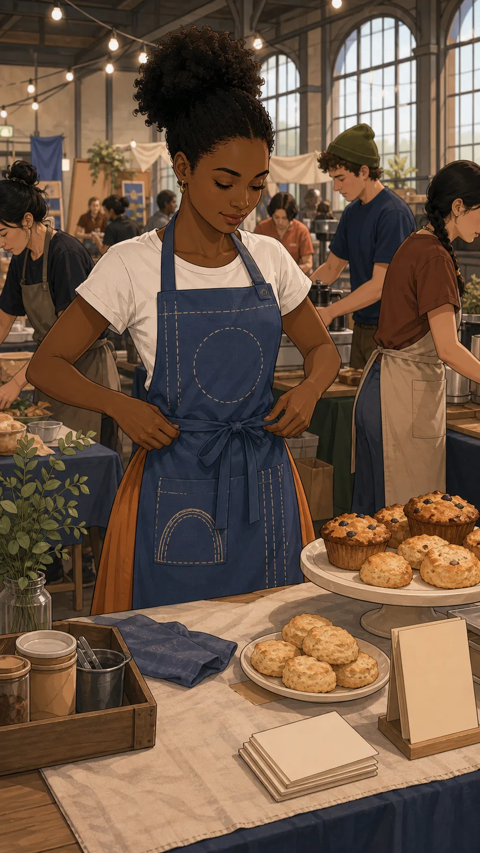 Mara ties on her handmade blue apron at a community pop-up table.