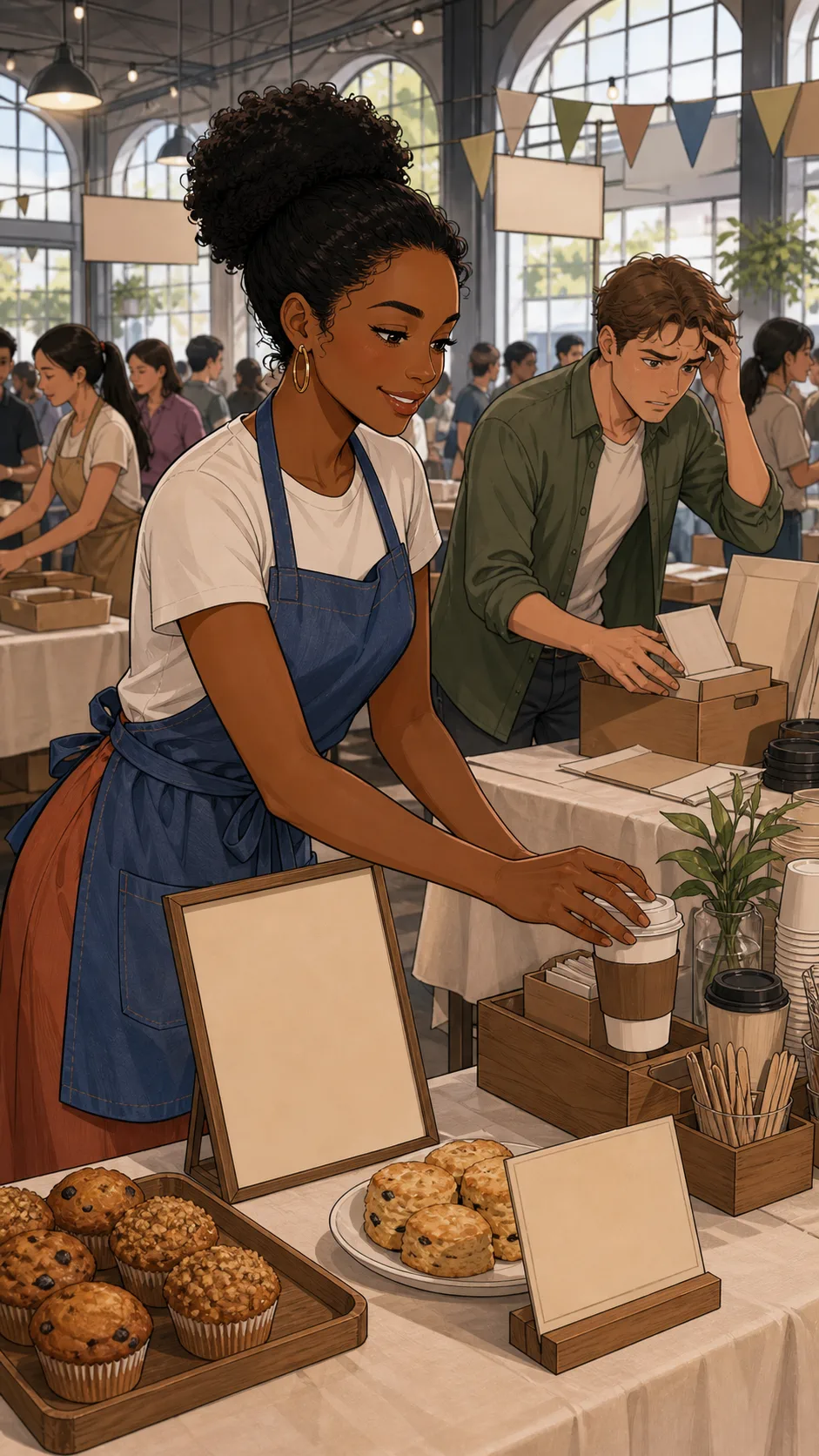 A community pop-up cafe table gets busy with volunteers and guests.