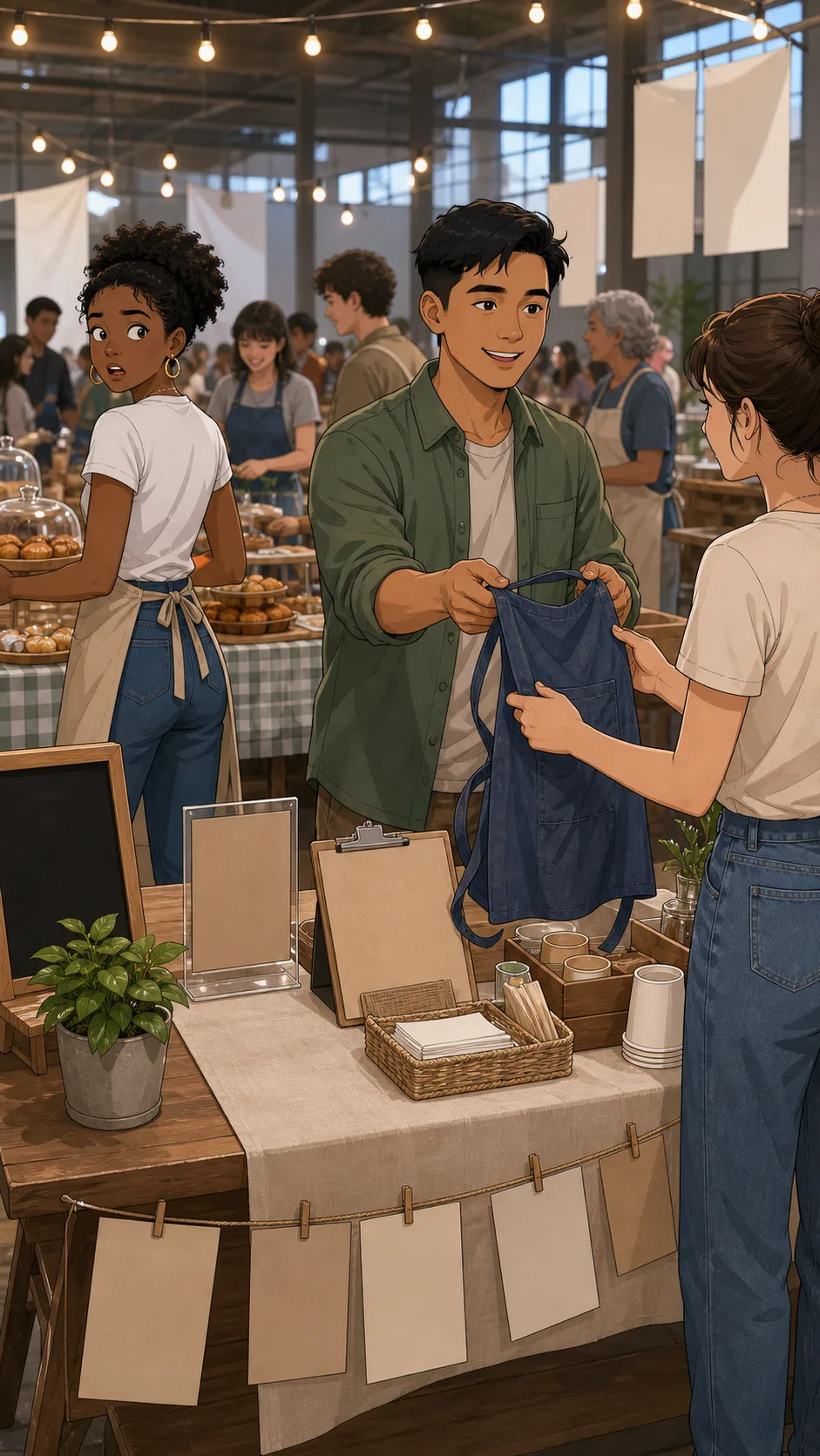 Ellis hands Mara's handmade apron to another volunteer.