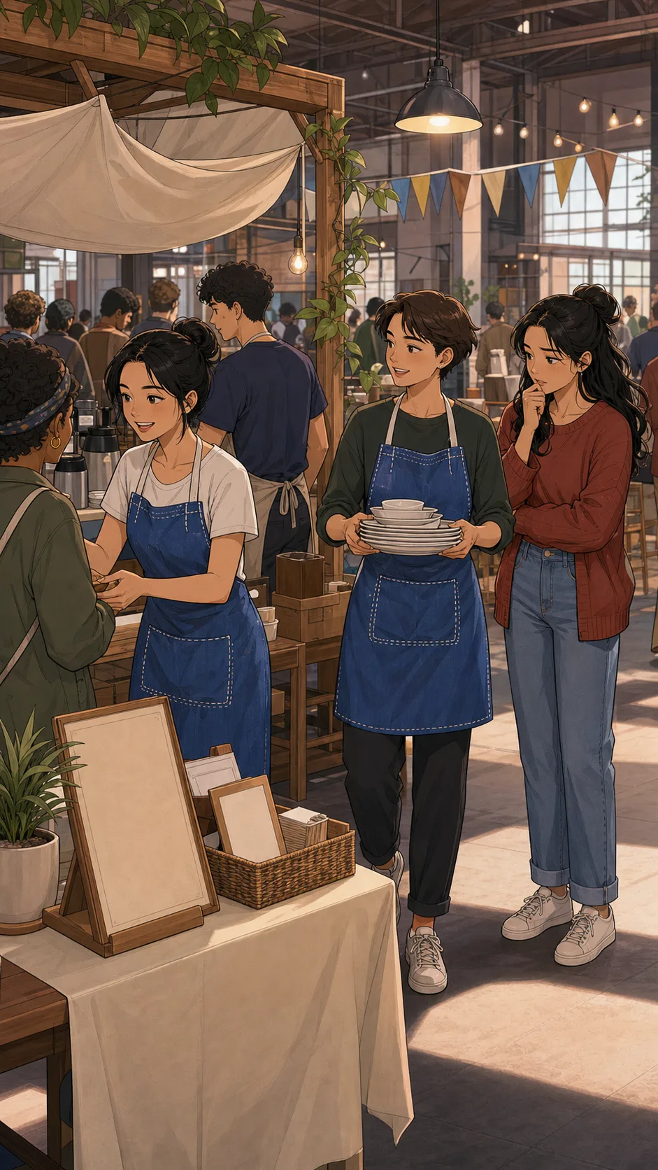 Volunteers take turns wearing Mara's handmade blue apron at the pop-up table.