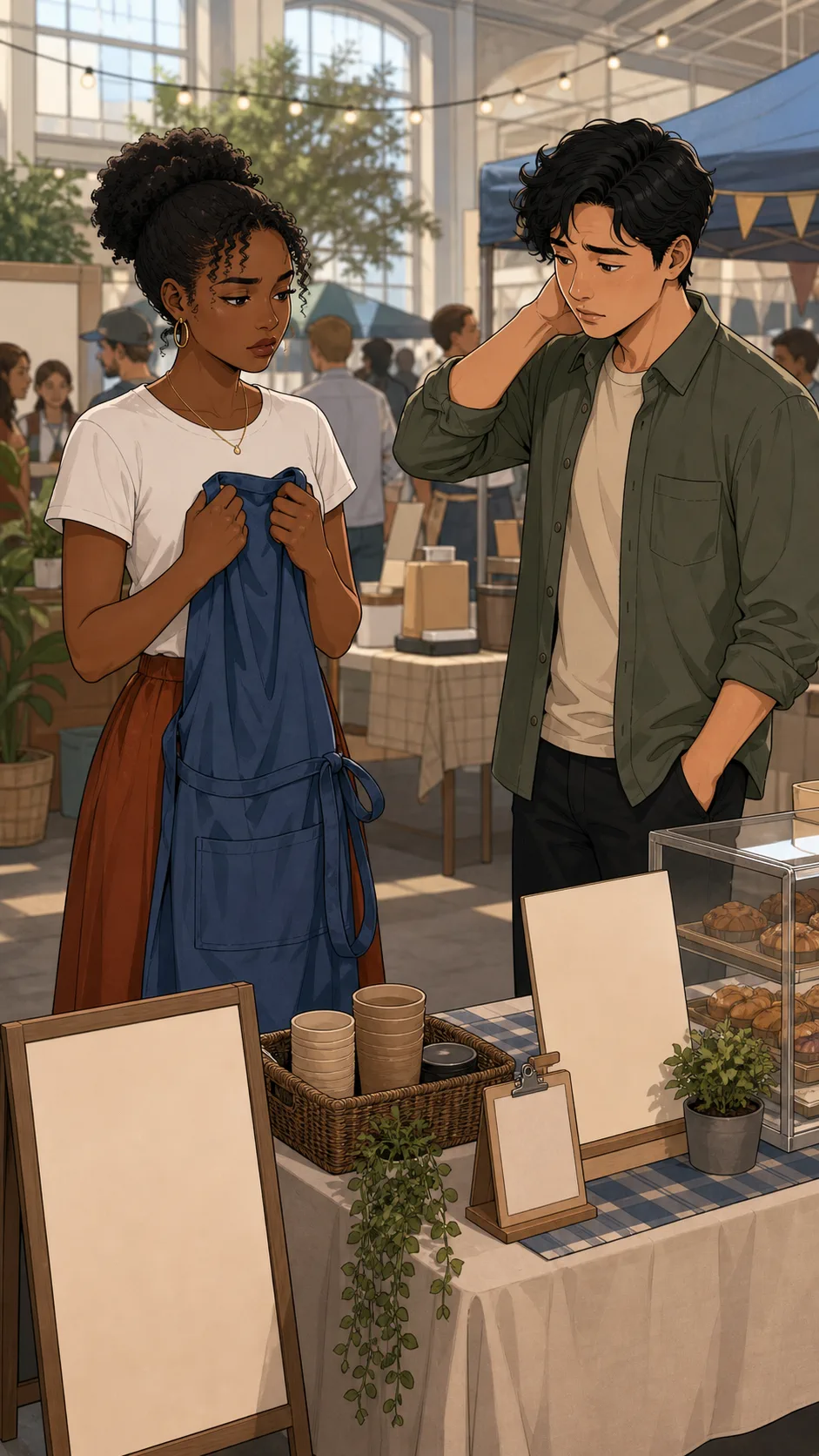Mara and Ellis discuss whether the apron should be shared.
