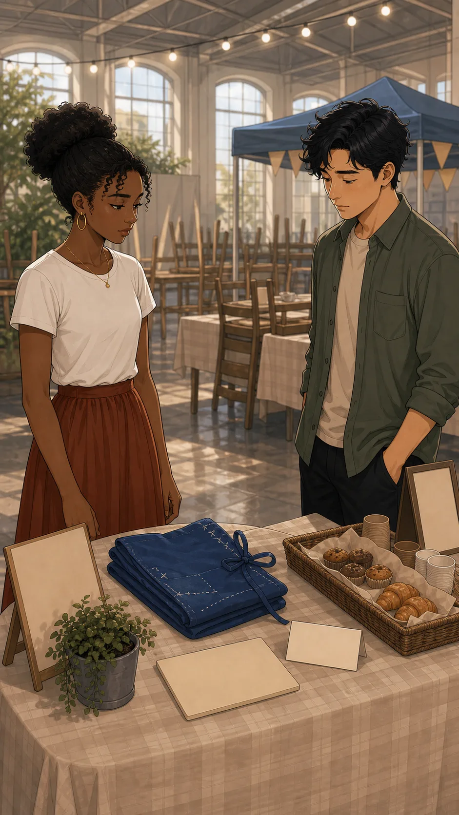 Mara and Ellis stand thoughtfully beside the folded handmade apron.