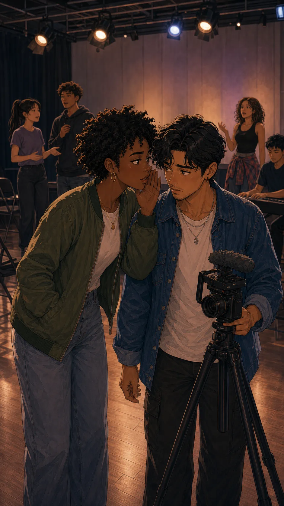 June whispers to Marco near a camera during rehearsal.