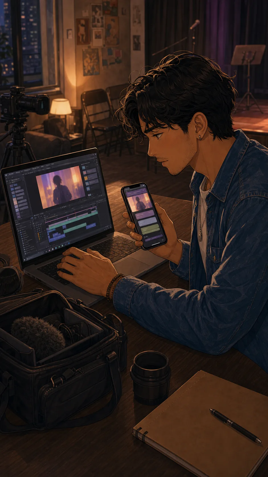 Marco edits a rehearsal video with abstract captions on his devices.