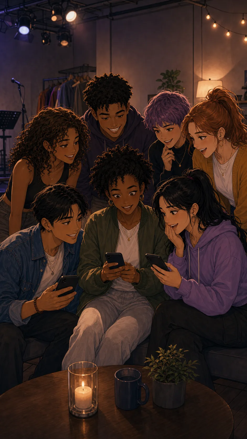 Performers look at a shared recap clip on their phones.