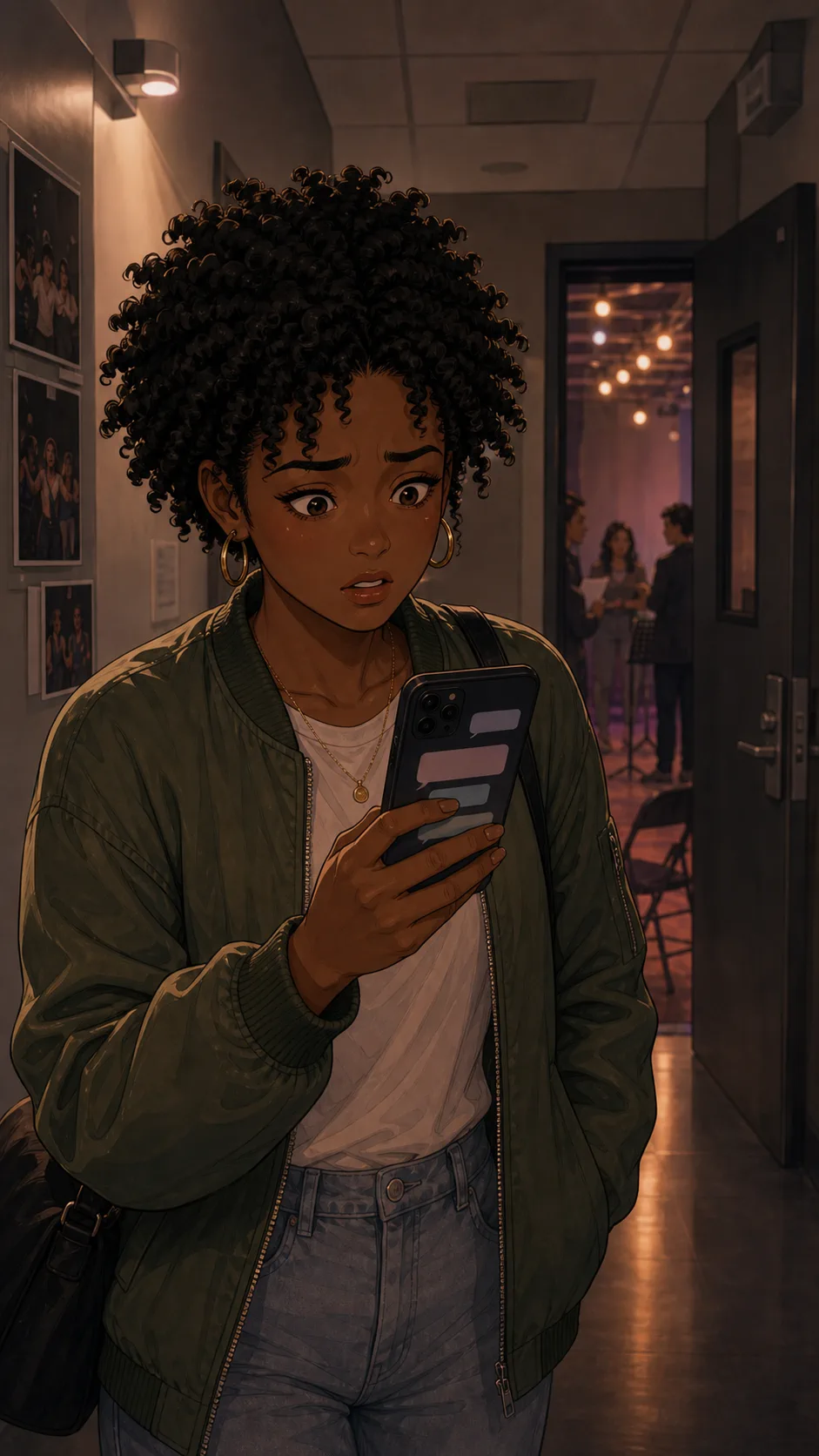 June looks startled while reading messages on her phone in a hallway.